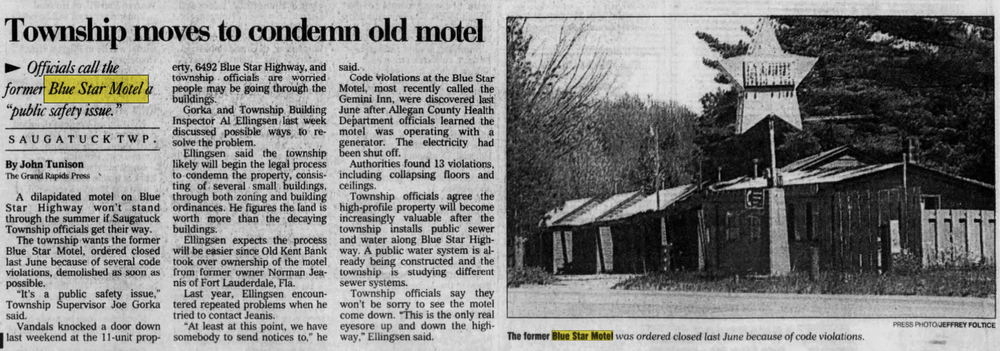 Blue Star Motel (Saugatuck Lodges) - May 28 1997 Article On Condemnation